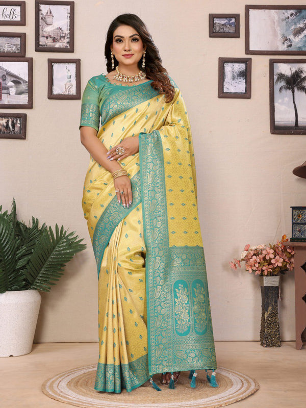 Delightful Tissue Silk Yellow & Sky Color Saree