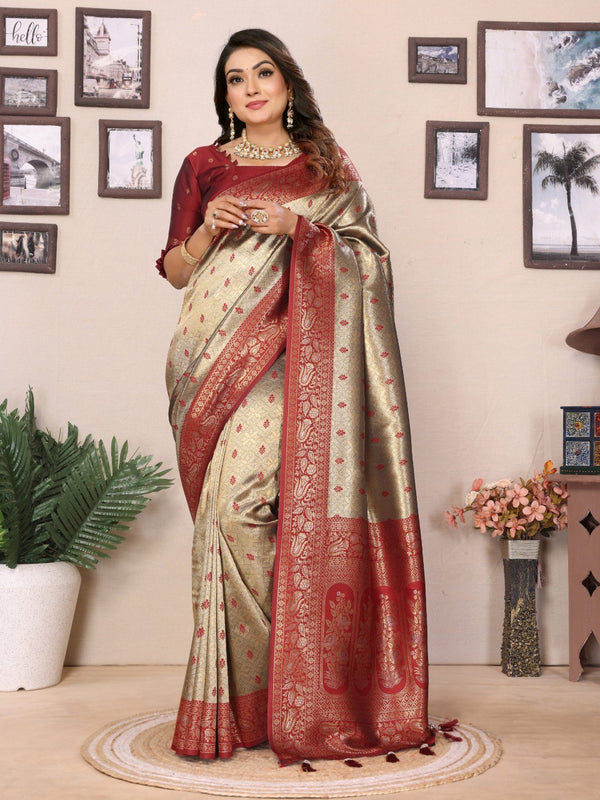 Delightful Tissue Silk Beige & Maroon Color Saree