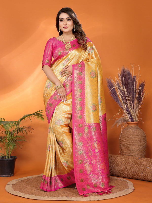 Classic Banarasi Silk Yellow & Pink Color Saree