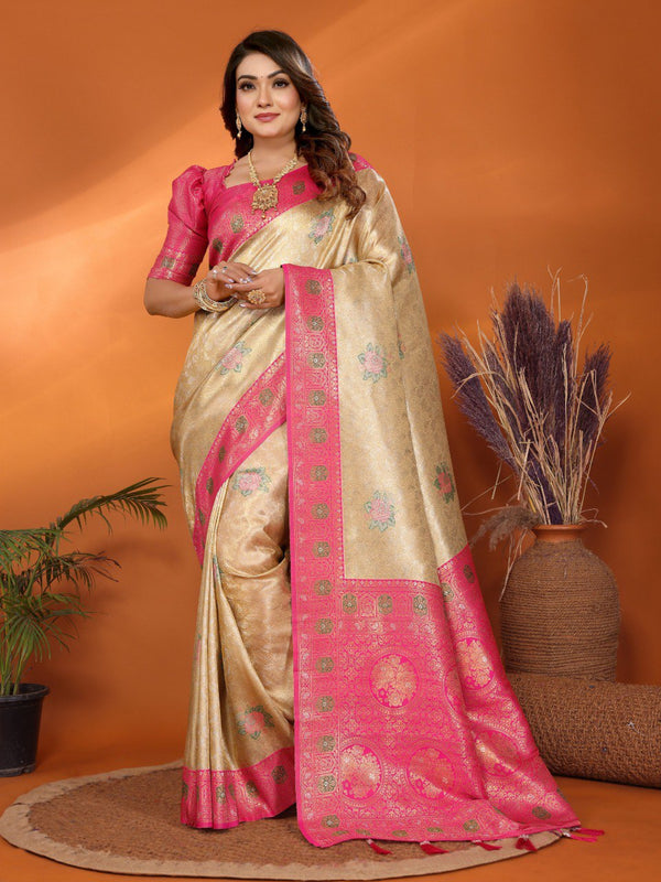 Classic Banarasi Silk Mustard & Pink Color Saree