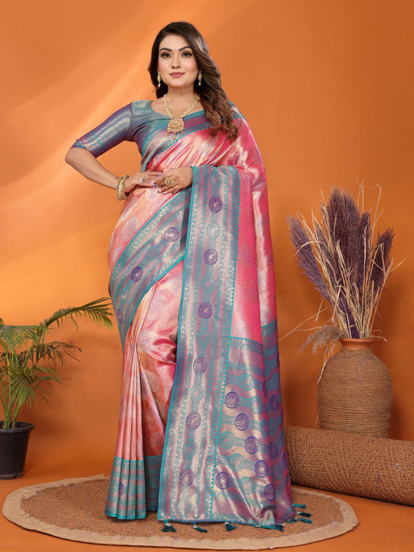 Presenting Paithani Banarasi Silk Pink & Teal Blue Color Saree