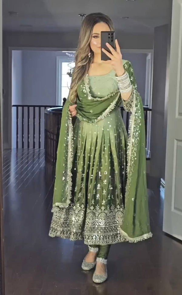 Outstanding Chinon Silk Green Color Gown