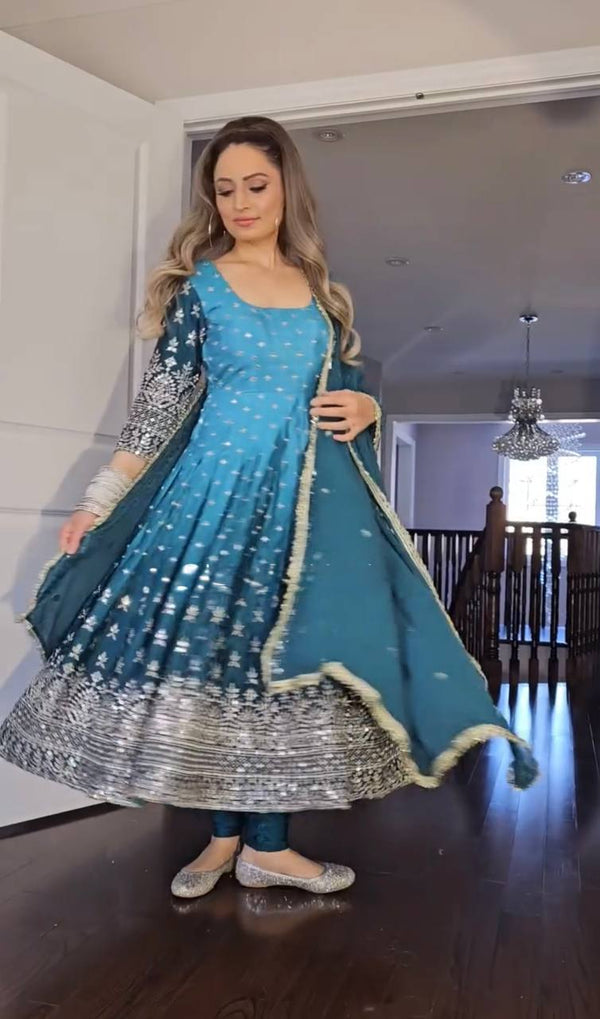 Outstanding Chinon Silk Sky Blue Color Gown