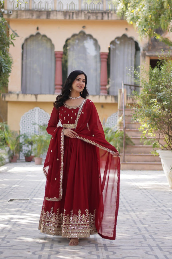 Adorable Embroidery Work Red Color Gown