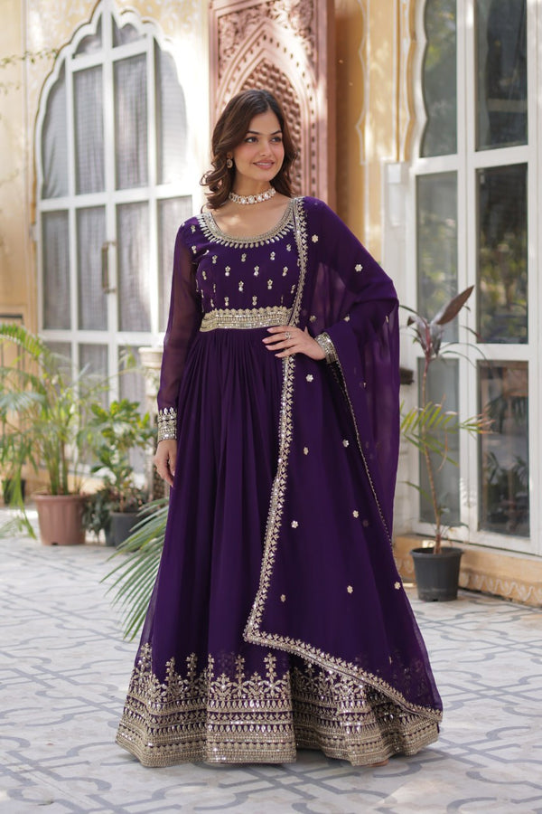 Adorable Embroidery Work Wine Color Gown