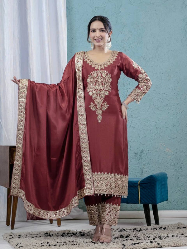 Classy Chinnon Silk Maroon Color Salwar Suit