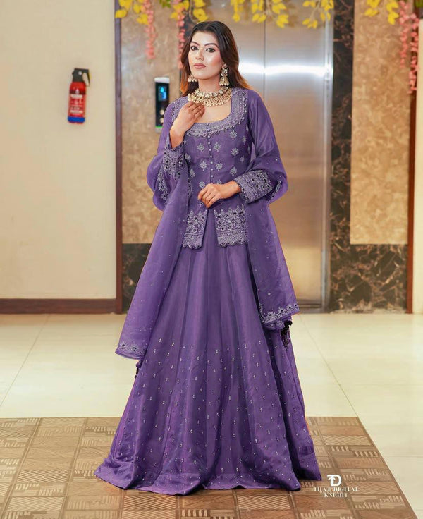 Simmer Silk Wedding Wear Purple Color Top With Lehenga