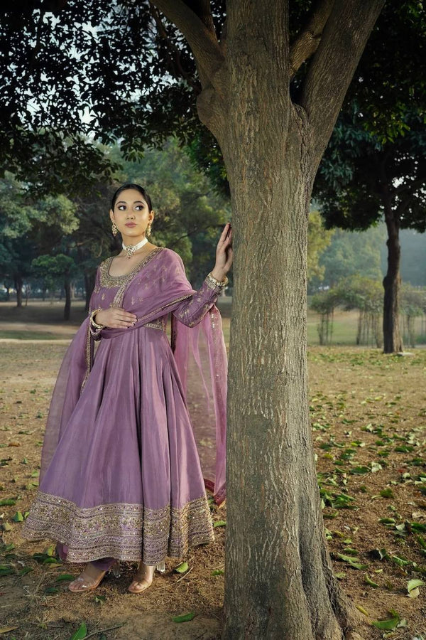 Classic Chinon Silk Lavender Color Anarkali Gown