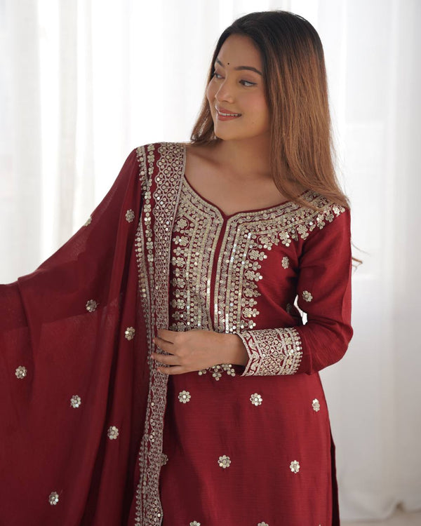 Elegant Embroidery Sequence Work Red Color Sharara Suit