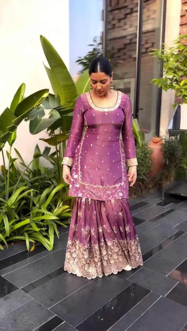 Peaceful Heavy Embroidery Work Purple Color Sharara Suit