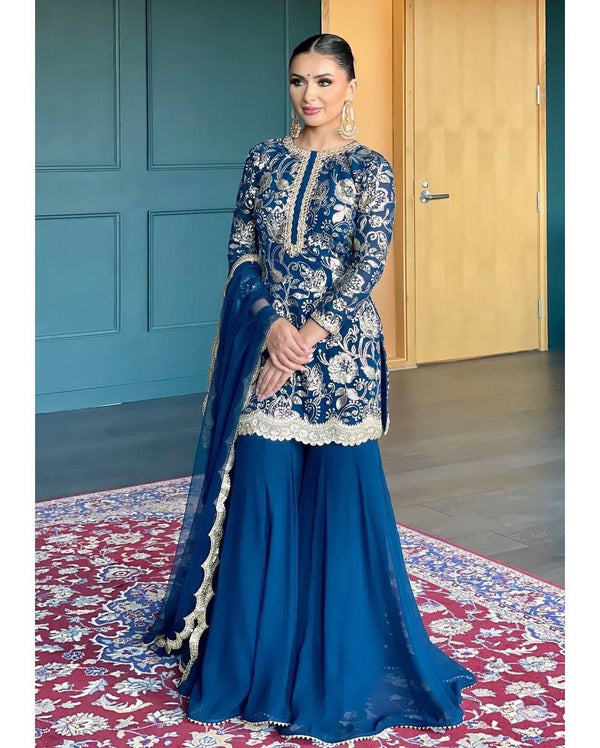 Superhit Gorgette Sequence Work Teal Blue Color Sharara Suit
