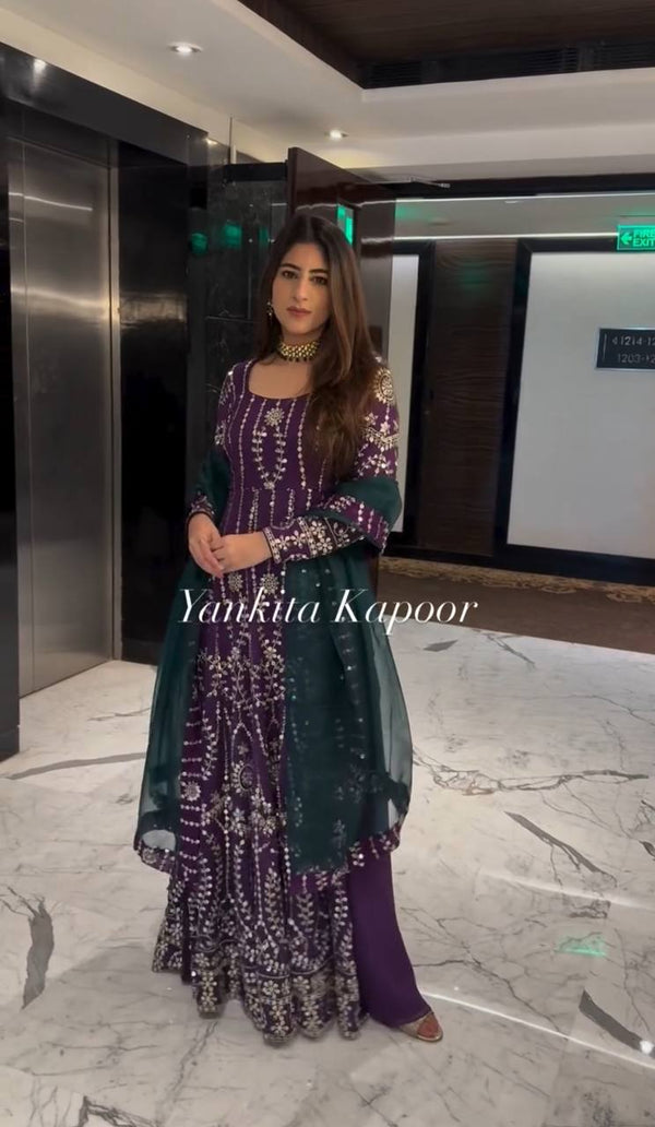 Ravishing Georgette Sequence Work Wine Color Gown