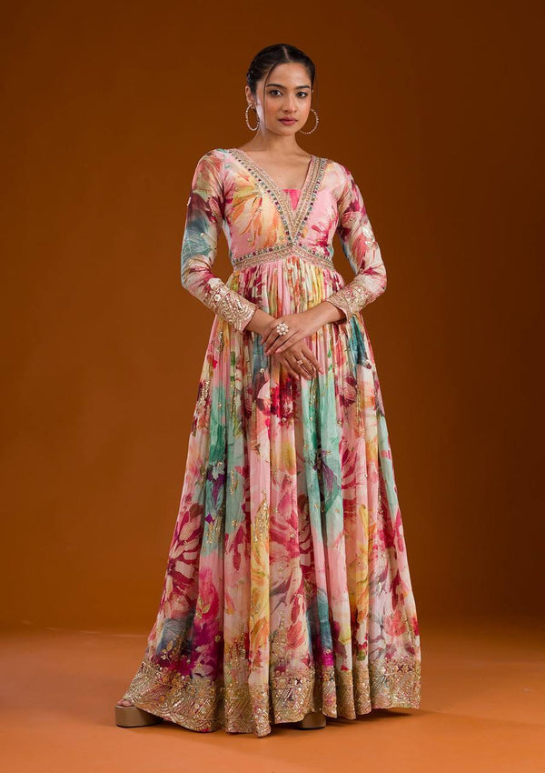 Awesome Chinon Silk Multi Color Floral Prints Gown