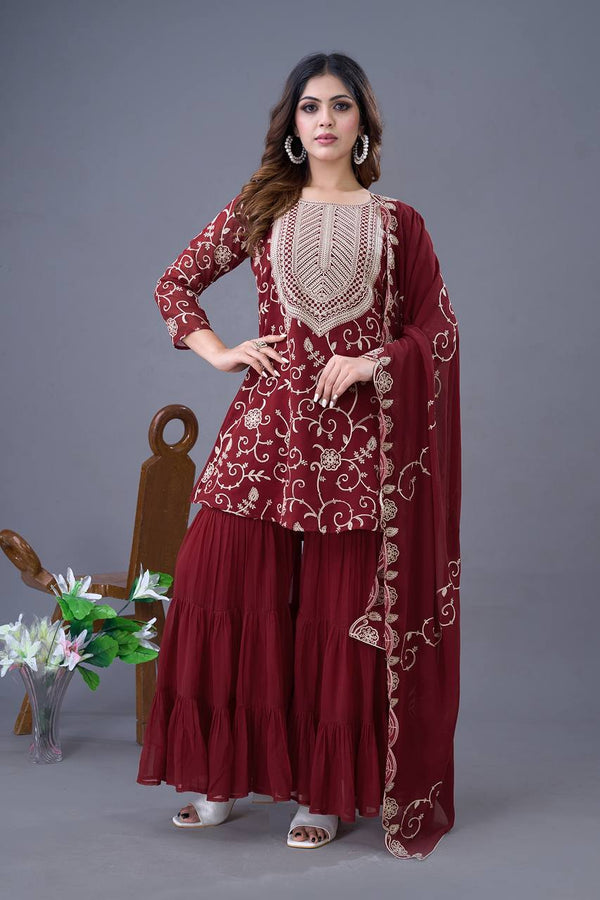 Heavy Embroidery Work Maroon Color Sharara Suit