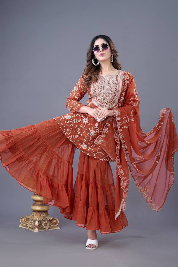 Heavy Embroidery Work Orange Color Sharara Suit