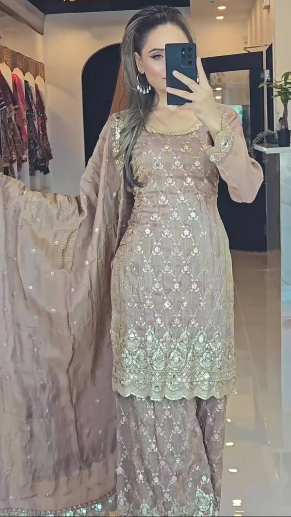 Elegant Chinnon Silk Beige Color Sharara Suit
