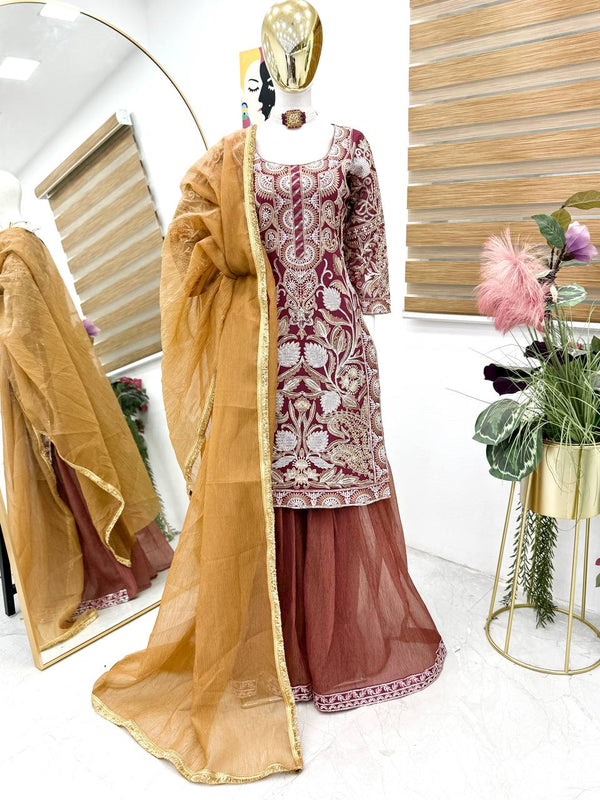 Exclusive Sequence Embroidery Work Mustard Color Palazzo Suit