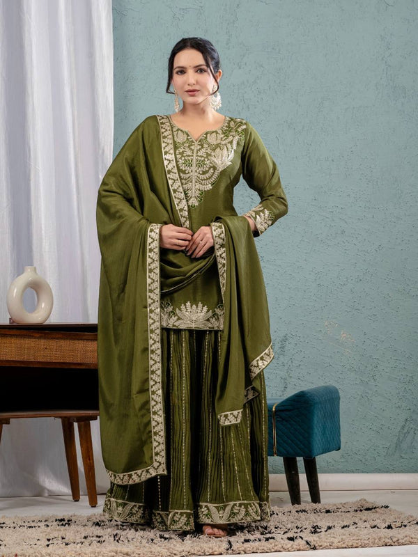 Glimmering Chinnon Silk Sequence Work Green Color Sharara Suit