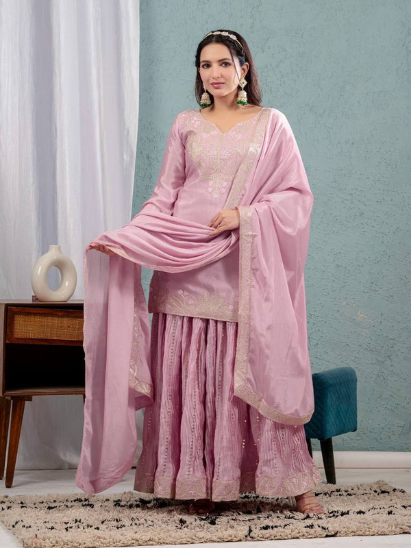 Glimmering Chinnon Silk Sequence Work Pink Color Sharara Suit