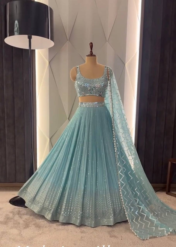 Wedding & Party Wear Real Mirror Hand Work Sky Blue Color Lehenga Choli
