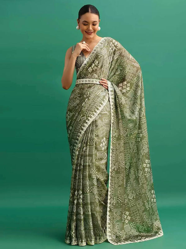 Flattering Digital Prints Green Saree