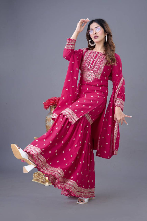 Shining Fully Stitched Pink Color Sharara Suit