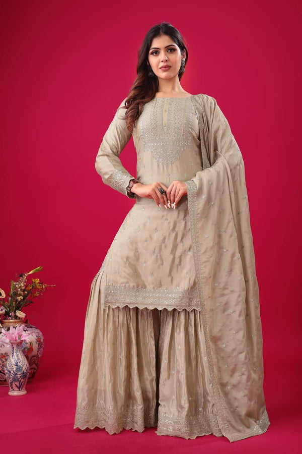 Shining Fully Stitched Beige Color Sharara Suit
