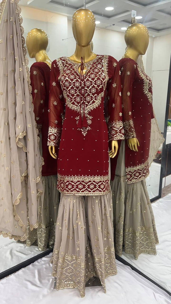 Presenting Embroidery Sequence Work Red Color Sharara Suit