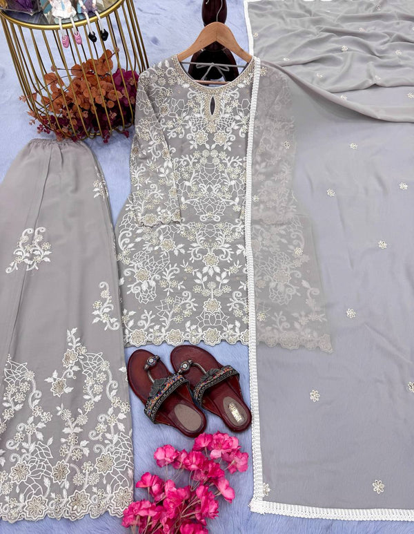Graceful Georgette Grey Color Sharara Suit
