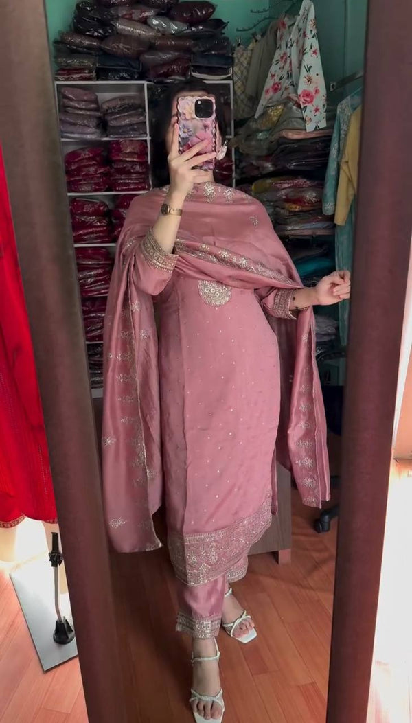 Glorious Chinnon Silk Work Pink Color Sharara Suit