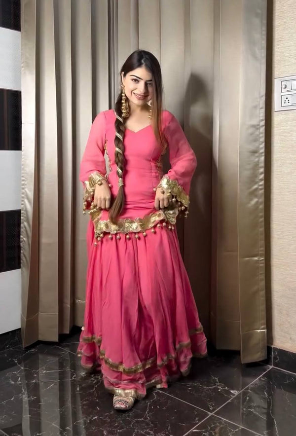 Exclusive Embroidery Work Pink Color Sharara Suit