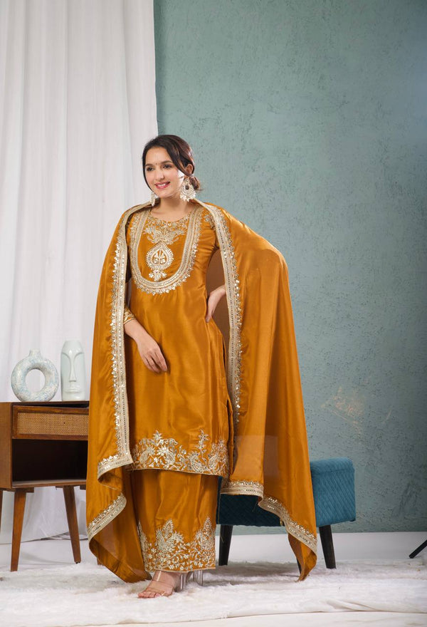 Luxuriant Chinnon Sequence Work Mustard Color Salwar Suit