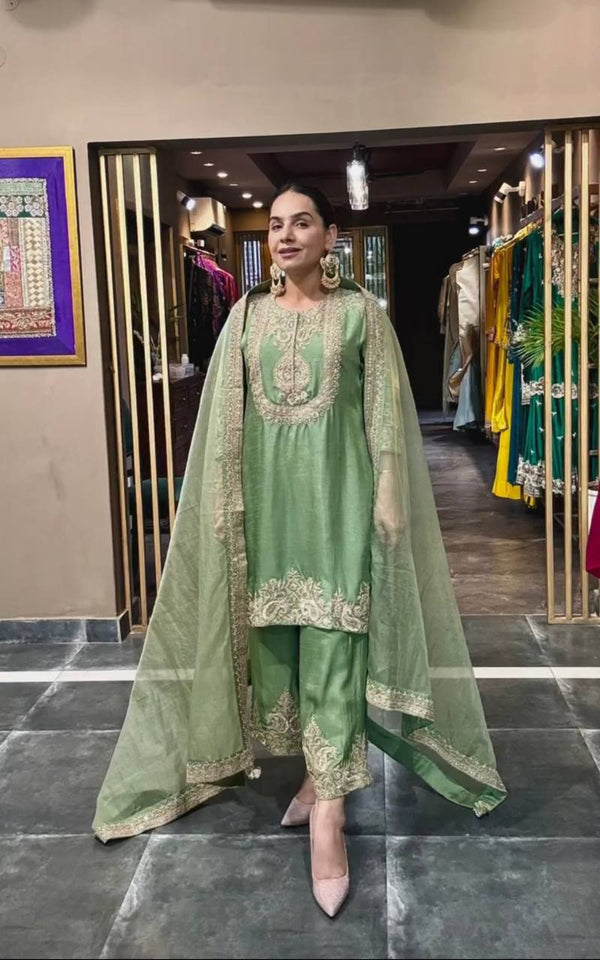 Luxuriant Chinnon Sequence Work Green Color Salwar Suit