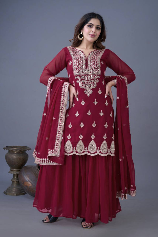 Embroidery Work Maroon Color Sharara Suit