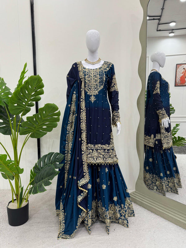 Glimmering Chinon Silk Double Shade Navy Blue Multi Color Sharara Suit