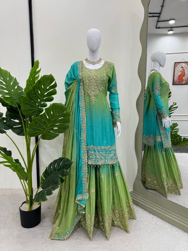 Glimmering Chinon Silk Double Shade Green Multi Color Sharara Suit