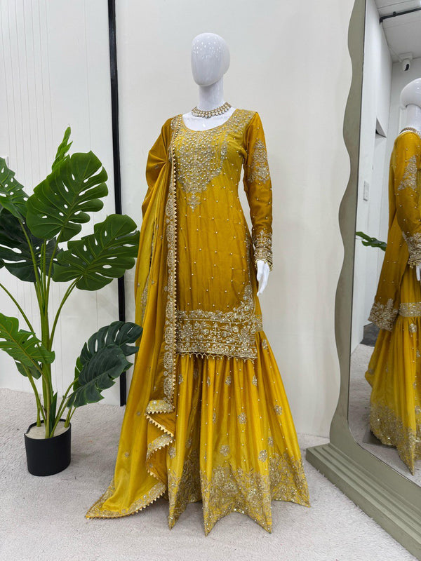 Glimmering Chinon Silk Double Shade Mustard Multi Color Sharara Suit