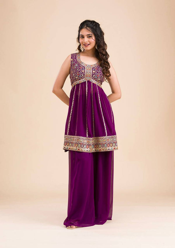Flattering Wine Color Thread Work Palazzo Suit