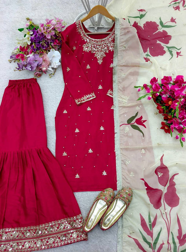 Adorable Embroidery Work Red Color Sharara Suit