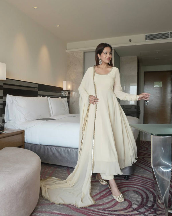 Fashionable White Color Georgette Anarkali Gown