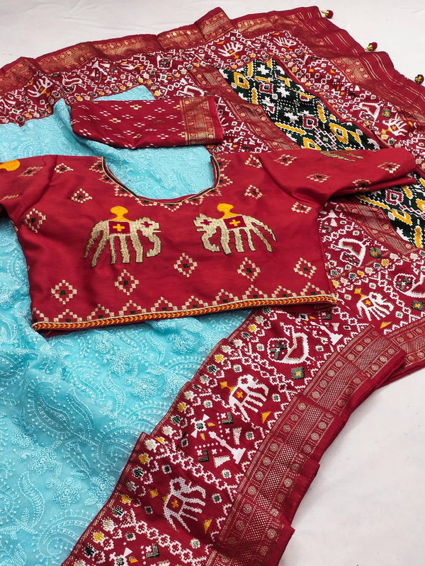 Wedding Wear Special Foil Printed Sky Blue Color Saree