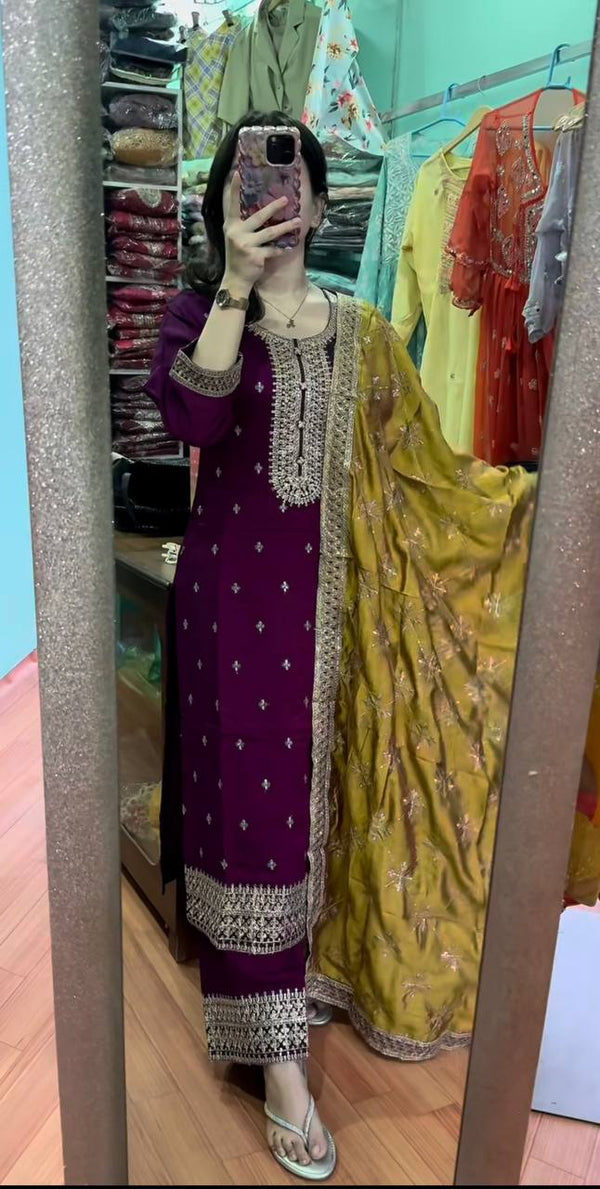 Flattering Wine Color Chinnon Silk Salwar Suit