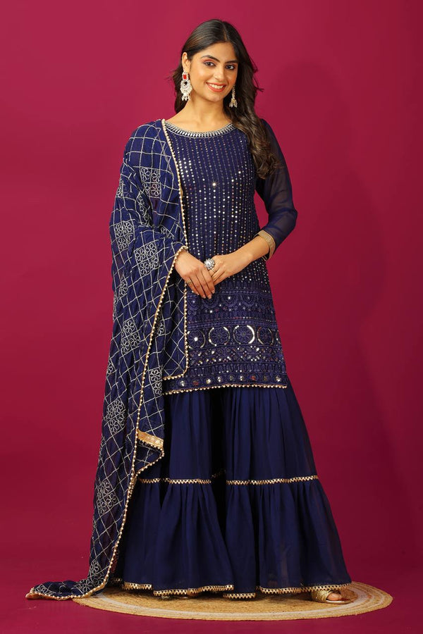 Fashionable Georgette Blue Color Sharara Suit