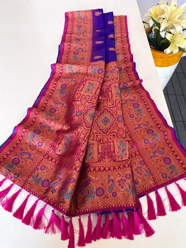 Ravishing Paithani Silk Blue Color Zari Weaves Saree