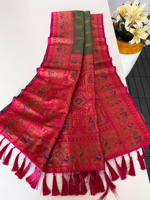 Ravishing Paithani Silk Mehndi Color Zari Weaves Saree