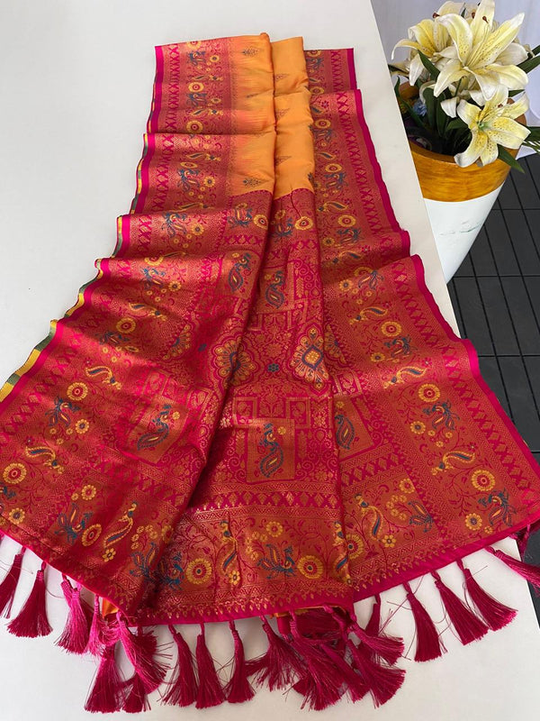Ravishing Paithani Silk Orange Color Zari Weaves Saree