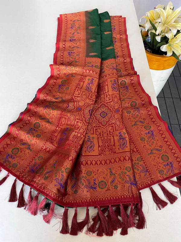 Ravishing Paithani Silk Green Color Zari Weaves Saree