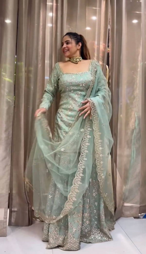 Wonderful Aqua Green Color Embroidery Work Sharara Suit