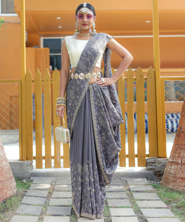 Captivating Silk Floral Design Grey Color Saree