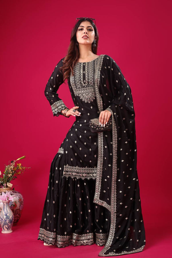 Heavy Embroidery Work Black Color Sharara Suit